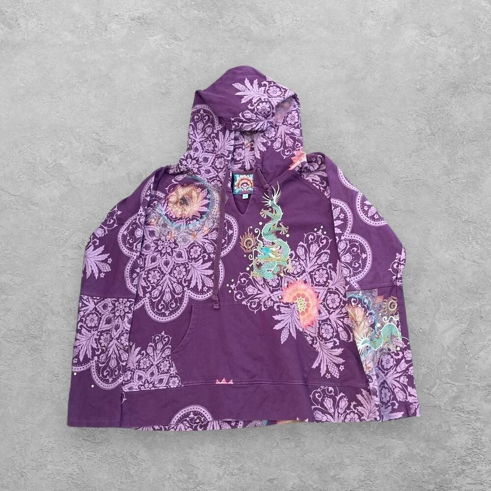 Johnny Was Dragon Graphic Hoodie L Purple Burgundy Boho Mandala Peasantcore